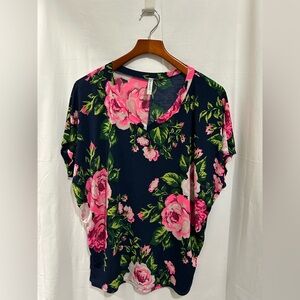 Dear Scarlett - Navy Blue Top With Bold Pink & Green Floral Print